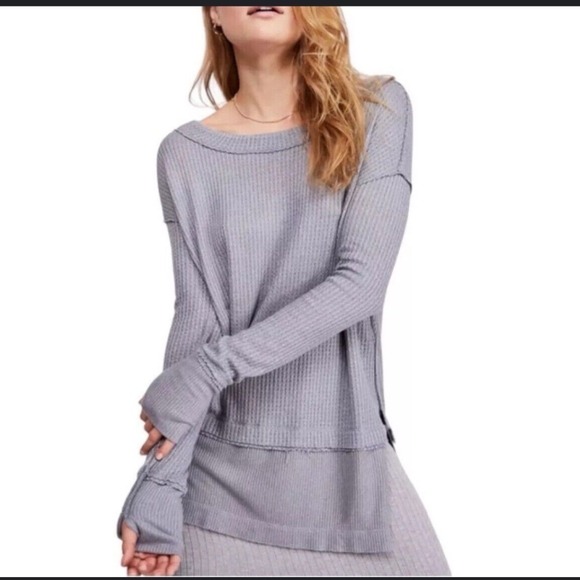 We The Free Tops - We The Free North Shore Tunic Henley Top Thumbholes Oversize Women L Grey Blue